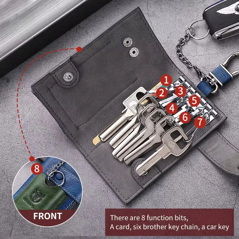 (image for) BULLCAPTAIN Genuine Leather Mens Keycase Portable Car Keychain Storage Key Holder Fashion Color Block Design Housekeeper Stand Stylish Compact Key Bag