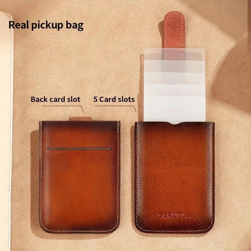 (image for) Ekphero Men's Card Holder Genuine Leather Portable Credit Card Case Storage Magnetic Suction Card Holder Simple Thin Bank Card Anti-magnetic Bus Card Slot Mini Bag